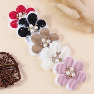 Handmade corduroy five-petal flower accessories with fur trim and pearl rhinestone center
