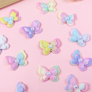 Glittering macaron gradient bow patches with pearl center for DIY hair and bag accessories