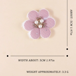 Pink striped fabric flower pet accessory with white faux fur edges and pearl center