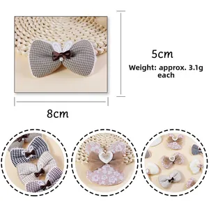 Handmade 8x5cm bunny ear bow clips with lace and heart pearl accents for hair and clothing