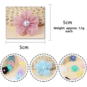 Flores de gasa hechas a mano de 5cm con perla para accesorios de costura y adornos de pelo