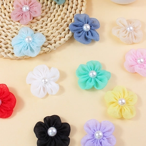Handmade chiffon fabric flowers with pearl centers for DIY clothing and hair accessories