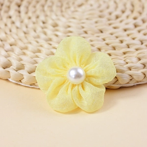Handmade yellow fabric chiffon flower with pearl center for DIY crafts and clothing decor