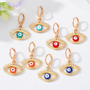Vintage Evil Eye Hoop Earrings For Women Gold Tone Alloy Eyelash Design Bohemian Ethnic Style Leverback Jewelry Accessory