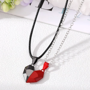 Creative magnetic heart necklaces for couples with black and red geometric pendants