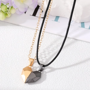 Magnetic heart pendant necklace set with gold chain and black cord for couples
