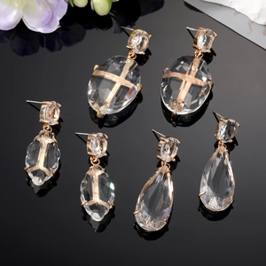 Boucles d'Oreilles Pendantes Croix en Résine Cristal Alliage Plaqué Or Facettées Goutte d'Eau Bijoux Élégants Femme