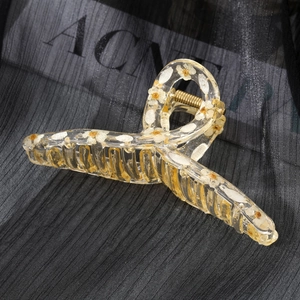 Elegant transparent resin hair claw clip with real white daisy dried flowers and gold spring