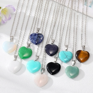 Vintage Alloy Natural Stone Heart Pendant Necklace Geometric Heart Choker Necklace Women Elegant Polished Stone Jewelry Gift