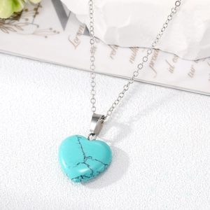 Minimalist heart-shaped turquoise stone pendant necklace with a fine silver-tone chain