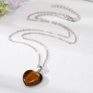 Natural tiger eye stone heart pendant necklace with silver link chain for women