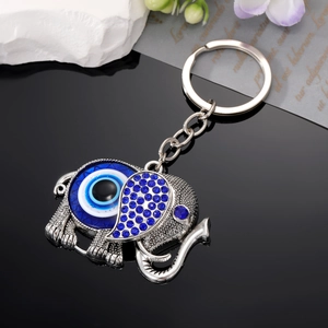 Vintage Ethnic Elephant Keychain Evil Eye Pendant Rhinestone Inlaid Alloy Key Ring Bag Hanging Decoration Retro Jewelry Gift