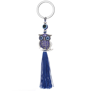 Vintage Ethnic Evil Eye Owl Keychain Rhinestone Tassel Bag Charm Alloy Nazar Animal Pendant Boho Key Ring Gift For Women