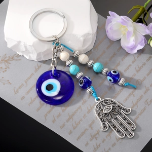 Porte-clés Mauvais Œil Main De Fatma Bohème Vintage Perles Verre Alliage Pendentif Bleu Main De Fatma Anneau Clé Bijoux Femme Homme