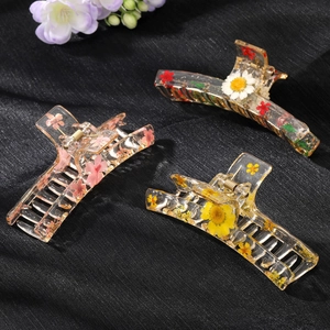 Lot de 3 pinces à cheveux transparentes en résine avec de vraies fleurs séchées