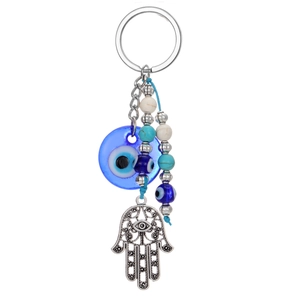 Porte-clés ethnique Main de Fatima et Œil Bleu en verre avec perles artisanales