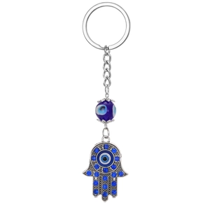 Retro Ethnic Hamsa Hand Evil Eye Keychain Vintage Alloy Blue Rhinestone Fatima Palm Hand Bag Pendant Jewelry Gift Unisex