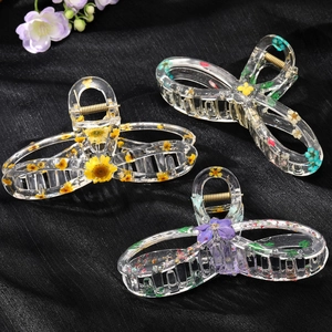 Transparent resin sunflower hair claw clips with real dried flowers in butterfly bow shape