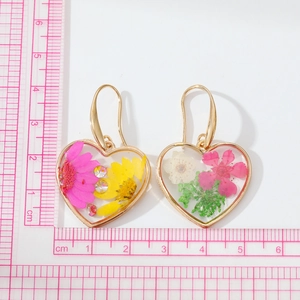 Transparent heart earrings with real dried flowers and gold metal hooks for women