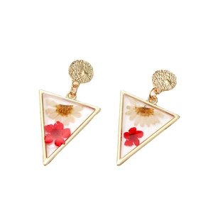 Triangle gold dangle earrings with real pressed white daisy and red dried flowers