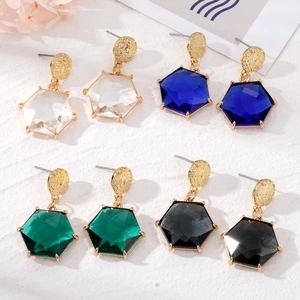 Retro Legering Zeshoek Kunstmatig Kristal Hangende Oorbellen Voor Dames Goud Gehamerd Textuur Geometrische Party Sieraden