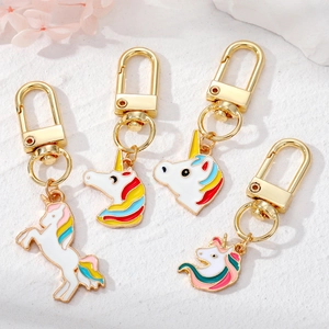 Cute Cartoon Unicorn Keychain Alloy Gold Plated Enamel Rainbow Horse Bag Pendant Dreamy Sweet Jewelry Gift For Women Kids