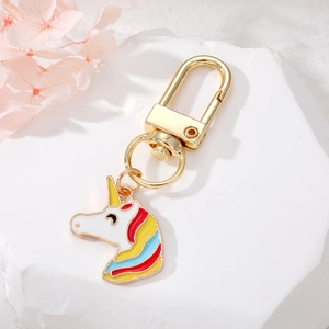 Cute cartoon unicorn keychain with golden alloy spring clasp and colorful rainbow details