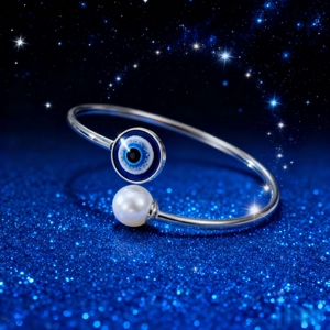 Silver open bangle featuring blue evil eye and pearl charm on starry blue background