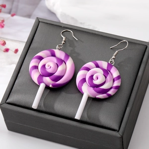 Cute purple rainbow lollipop drop earrings with spiral clay design and silver hooks