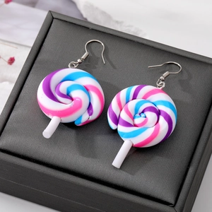 Colorful rainbow lollipop dangle earrings with purple and blue swirl resin charms