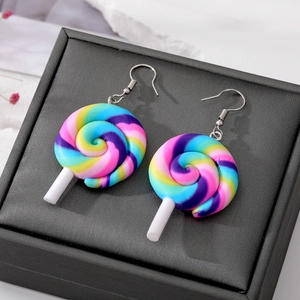 Colorful rainbow swirl lollipop earrings made of polymer clay with silver metal hooks
