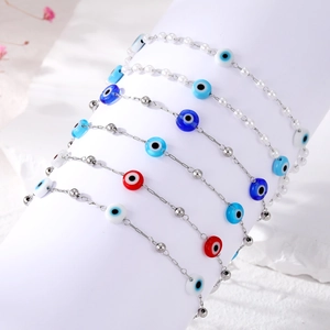 European Trendy Artificial Pearl Evil Eye Bracelet Metal Eye Pendant Nazar Amulet Thin Chain Adjustable Bracelet For Women