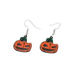 Cute Halloween pumpkin earrings with orange enamel smiles and silver metal hooks