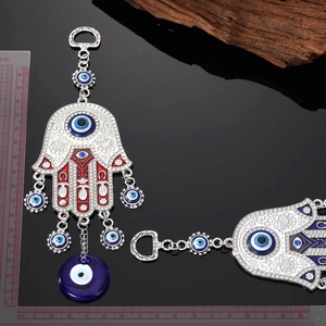 Bohemian Hamsa Hand and Evil Eye metal pendant charm with colorful enamel details