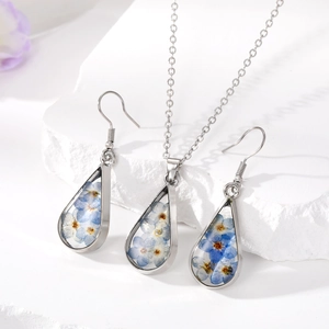 Water drop resin jewelry set with dried blue flowers, necklace and earrings set