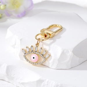 Exquisite gold hollow diamond eyelashes devil eye keychain with pink enamel and crystals