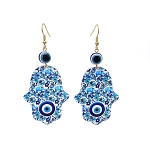 Detailed view of Hamsa earrings featuring an evil eye bead and colorful elephant prints