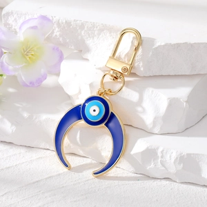 Porte-clés œil maléfique lune en alliage doré avec pendentif lune et émail bleu chic