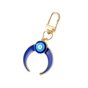 Porte-clés lune œil maléfique en émail bleu avec fermoir mousqueton doré robuste