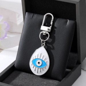 Retro teardrop evil eye keychain with white enamel and blue eye charm for bags