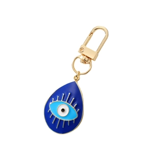 Vintage teardrop Evil Eye keychain with blue enamel finish and golden alloy clasp