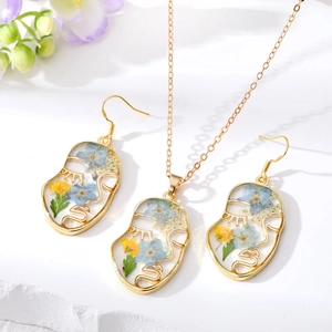 Boucles d'Oreilles Collier Visage Abstrait Fleurs Séchées Naturelles Résine Bijoux Fait Main Artistique Bohème Alliage Accessoires Femmes