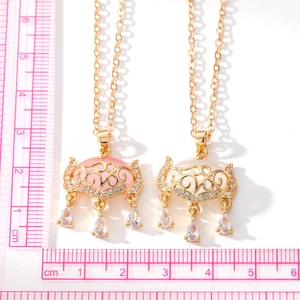 Vintage gouden lang leven slot hanger ketting met roze steen en zirkoon kwastjes