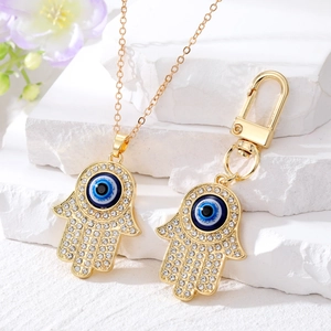 Vintage Hand Van Fatima Boze Oog Halsketting Sleutelhanger Legering Strass Hamsa Hanger Sieraden Voor Vrouwen Meisjes Etnische Stijl