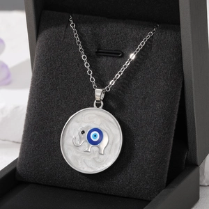 Silver Evil Eye Elephant Pendant Necklace with Blue Drip Oil and Fatima Hand Motif