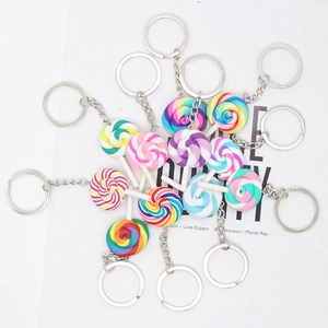 Colorful swirl rainbow lollipop keychain with resin candy charms and silver metal ring