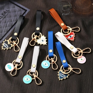Ethnic Evil Eye Keychain Alloy Enamel Heart Round Charm Faux Artificial Pearl Rhinestone PU Leather Strap Fashion Bag Pendant Gift