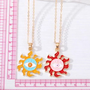 Bohemian sun evil eye pendant necklace in orange and red fire designs with golden chain
