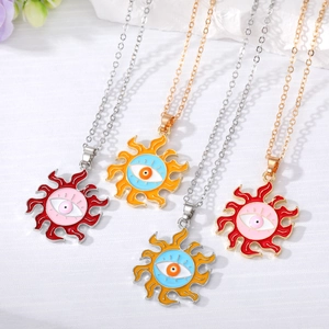 Bohemian Evil Eye Sunflower Pendant Necklace Vintage Flame Sun Drip Oil Alloy Chain Necklace Women Jewelry Accessories