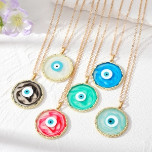 Round Evil Eye Pendant Necklace For Women Alloy Resin Drip Glue Turkish Blue Eye Geometric Gold Chain Jewelry Gift